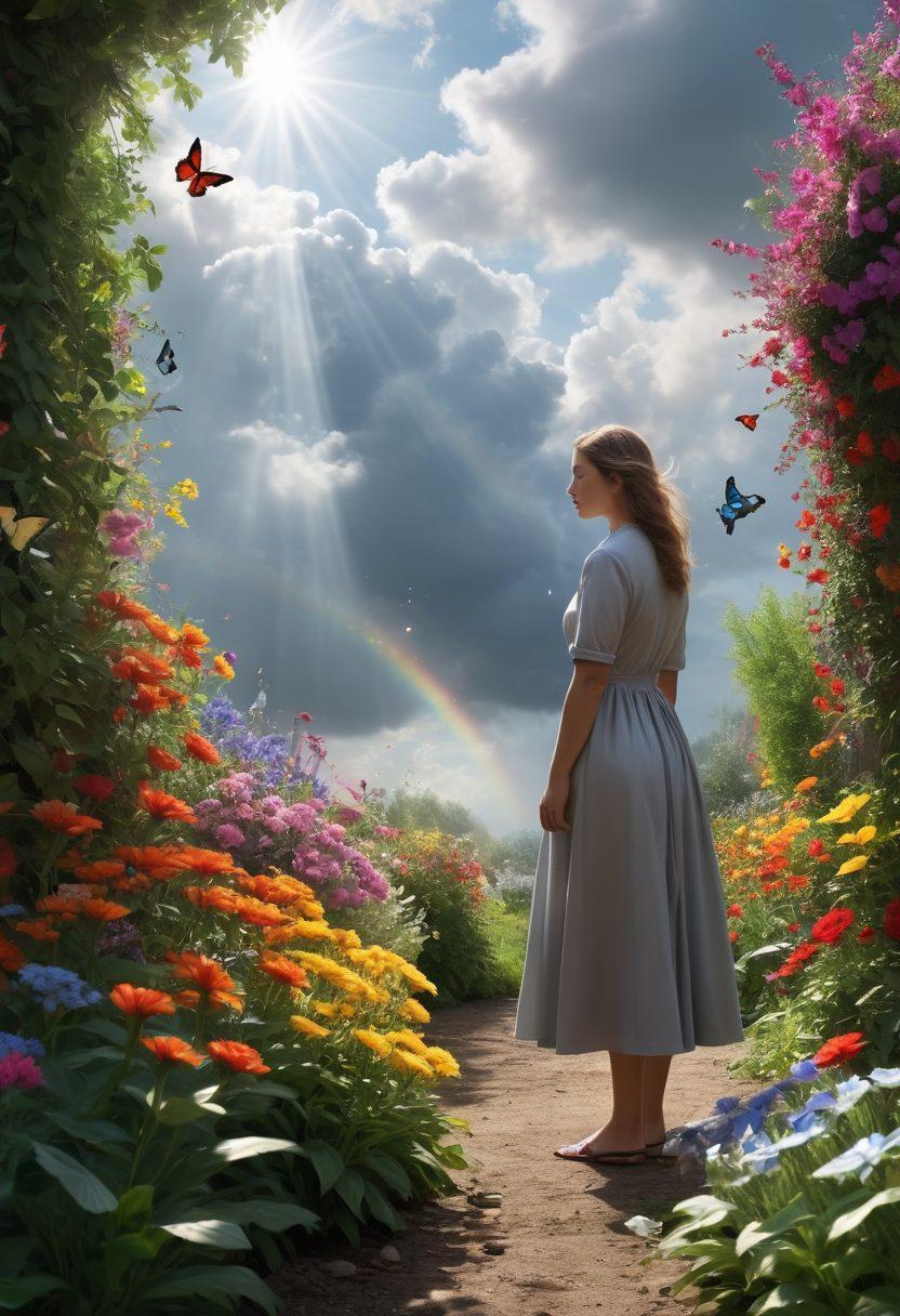 A serene scene depicting a person transforming a gloomy, dark environment into a vibrant, sunlit garden filled with colorful flowers and bright butterflies. The left side is shadowy and gray while the right side bursts with light and cheer, symbolizing the journey from negativity to positivity. Gentle rays of sunlight breaking through clouds, with a peaceful expression on the person's face as they tend to the garden. super-realistic. vibrant colors. 3D.