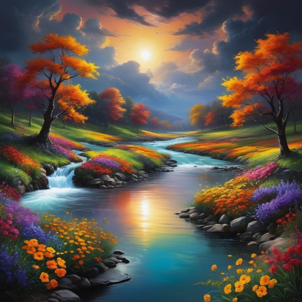 A vibrant landscape depicting a dramatic transformation: one side filled with dark clouds and gloomy figures representing negativity, and the other side bursting with sunshine, laughter, and colorful flowers symbolizing joyfulness. In the center, a flowing river symbolizes the transition from one side to the other. Use a bright color palette to evoke feelings of happiness and hope. super-realistic. vibrant colors. contrast between dark and bright themes.