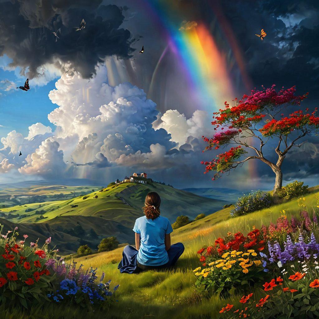 A serene landscape depicting a person sitting on a hilltop, reflecting on a dark stormy cloud fading into a bright rainbow. The scene transitions from shadows of hate into vibrant flowers and sunlight, symbolizing transformation and happiness. Soft clouds float above, enhancing the feeling of peace and hope. Add a whimsical touch with butterflies fluttering around. super-realistic. vibrant colors.